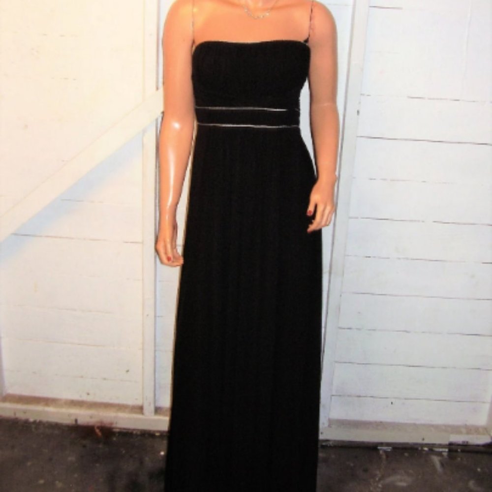 BCBG Maxazria Black Silver Trim Ruched Strapless Maxi Dress M